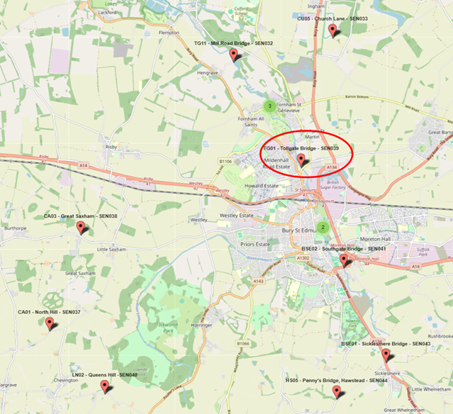 Image 1: Map to show monitored sites in Bury St Edmunds
